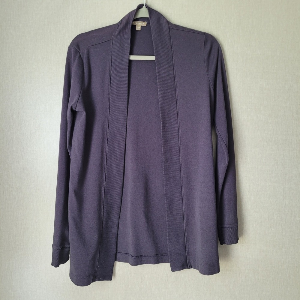 Lilla P 100% Cotton Open Front Cardigan Ribbed Trim Sweater Purple Small Office